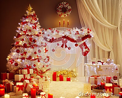 Christmas Tree Lights, Xmas Fireplace Living Room Scene, Holiday Stock Photo