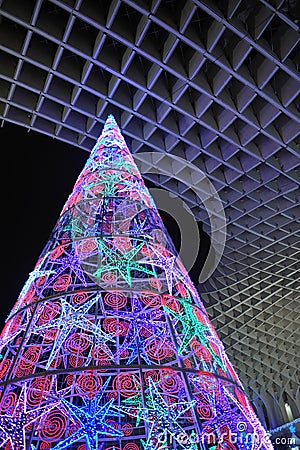Christmas tree lit up, Seville, Andalusia, Spain Stock Photo