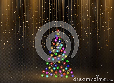 Christmas tree made of color lights string on a transparent background. Golden snow for the new year. Vector Illustration