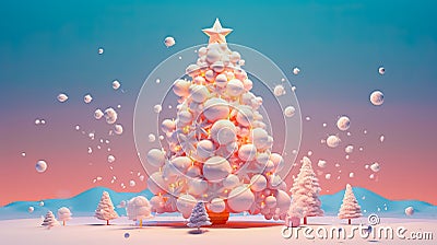 Christmas tree made of many pastel color balloons and pastel color pink gifts present boxes Stock Photo