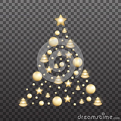 Christmas tree made of shiny gold decorations. Shiny Xmas balls collect in a Christmas tree shape Vector Illustration