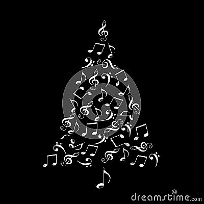 Christmas tree made of shiny silver musical notes on black Stock Photo