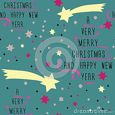 Christmas tree made from text with pink ribbon and yellow stars around. Vector Illustration