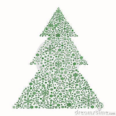 Christmas tree made up of multiple elements and snowflakes. Vector Illustration