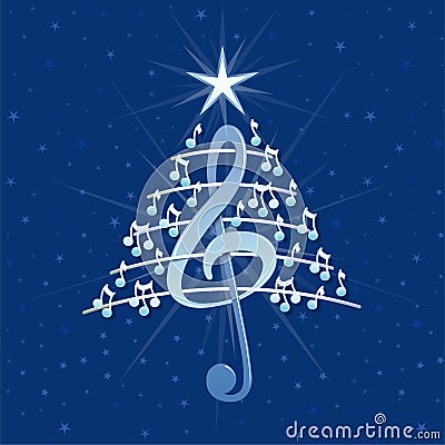 Christmas tree made of white musical notes, treble clef and pentagram on blue background with stars Vector Illustration