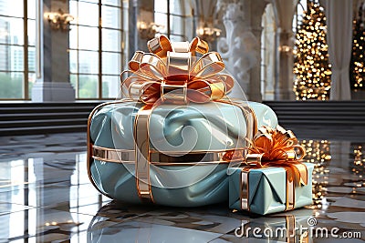 Christmas tree and mint gift boxes with golden bows in high tech style in interior. Generative AI Stock Photo