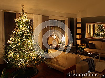 Christmas tree in modern living room Stock Photo