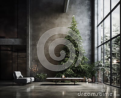 Christmas tree in modern minimalistic concrete interior. Stock Photo