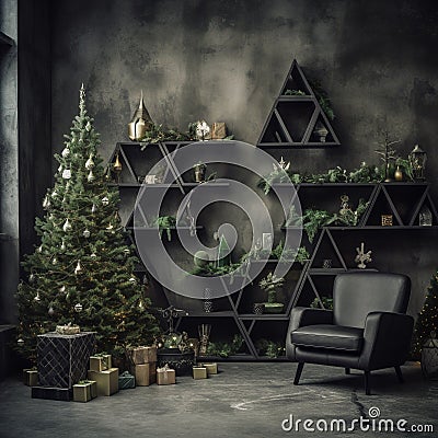 Christmas tree in modern minimalistic concrete interior. Generative AI Stock Photo