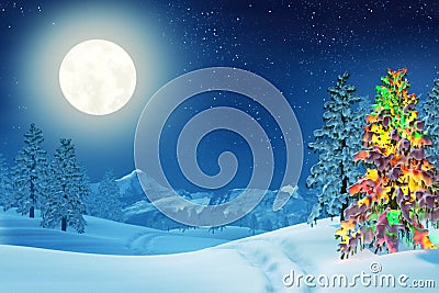 Christmas tree in moonlit winter landscape at night Stock Photo