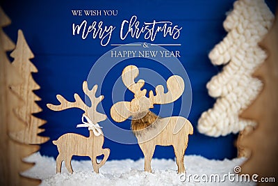 Christmas Tree, Moose Couple In Love, Snow, Merry Christmas And A Happy New Year Stock Photo