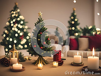 A Christmas tree in new year cozy home interior decorations. Garlands and bokeh burning candle. Stock Photo