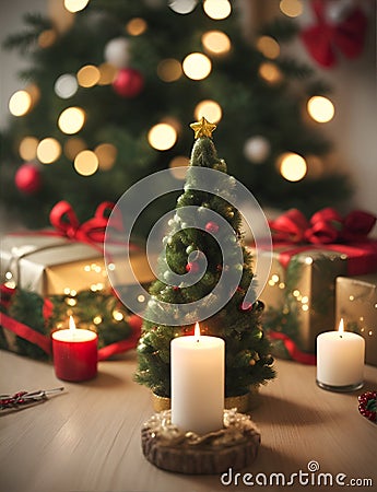 A Christmas tree in new year cozy home interior decorations. Garlands and bokeh burning candle. Stock Photo