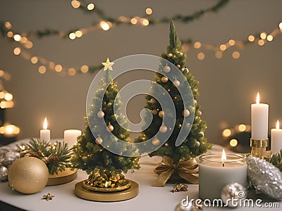 A Christmas tree in new year cozy home interior decorations. Garlands and bokeh burning candle. Stock Photo