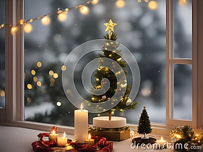 A Christmas tree in new year cozy home interior window view. Stock Photo