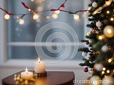 A Christmas tree in new year cozy home interior window view. Stock Photo