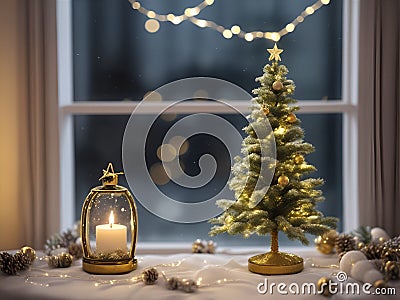 A Christmas tree in new year cozy home interior window view. Stock Photo