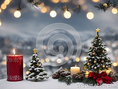 A Christmas tree in new year decorations. Garlands and bokeh burning candle. Stock Photo