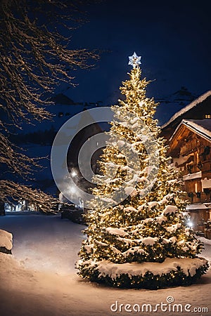 Christmas tree with new year holiday decoration in a city street at night, houses with lights, winter, snow Stock Photo