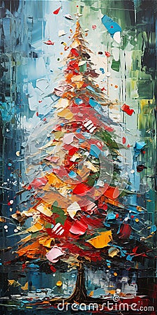 Christmas tree oil on canvas bright colorful drawing. Stock Photo