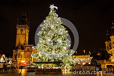 Christmas tree at Old Town Square at night, Prague, Czech Republic Stock Photo