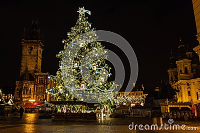 Christmas tree at Old Town Square at night, Prague, Czech Republic Stock Photo