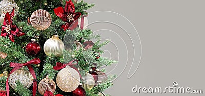 Christmas tree ornaments baubles lights. Long banner Stock Photo