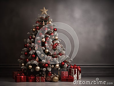 A christmas tree with ornaments and presents in front of a grey wall. Copy space, place for text Stock Photo