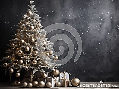 A christmas tree with ornaments and presents in front of a grey wall. Copy space, place for text Stock Photo