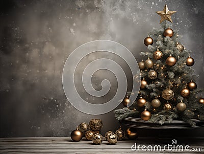 A christmas tree with ornaments and presents in front of a grey wall. Copy space, place for text Stock Photo