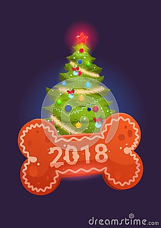 Christmas Tree Over Bone Happy New Year 2018 Of Dog Symbol Holiday Greeting Card Vector Illustration