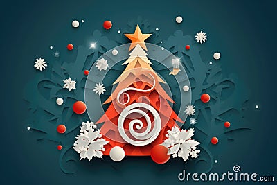 Christmas tree papercut out craft, Christmas greeting card mock up background Cartoon Illustration