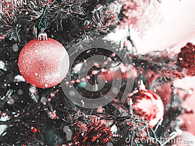 Christmas tree with pink ornament. Festive mood Stock Photo