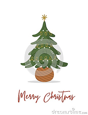 Christmas tree in pot. Holiday spruce with garland and star. Cozy home decoration on white background. Vector Vector Illustration