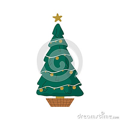 Christmas tree in pot. Holiday spruce with garland and star. Cozy home decoration on white background. Vector Vector Illustration