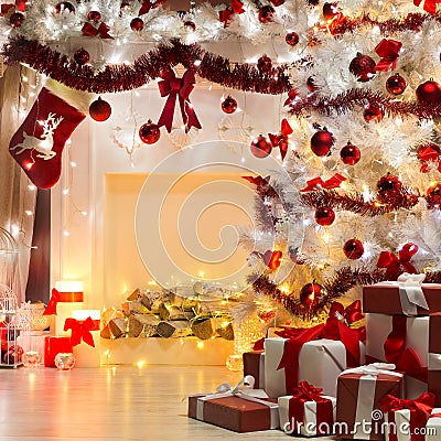 Christmas Tree Presents and Fireplace, Decorated by Xmas Sock Stock Photo