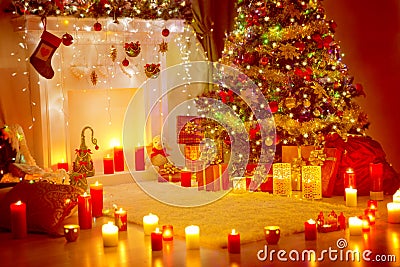 Christmas Tree, Presents Gifts and Fireplace, Holiday Home Room Stock Photo