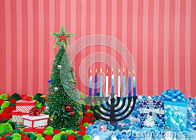 Christmas tree next to Menorah for Hanukkah Stock Photo