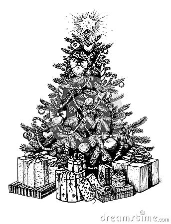 Christmas tree and presents. Vector vintage hand drawn illustration. Vector Illustration