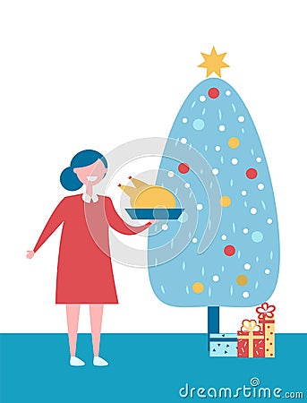 Christmas Tree with Presents and Woman with Dish Vector Illustration