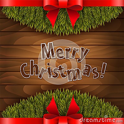 Christmas tree with red bow on the wood background Vector Illustration
