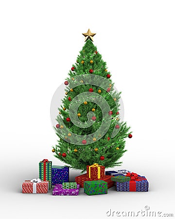 Christmas tree with red and gold decoratives balls, lights and presents underneath. Isolated 3D illustration Stock Photo