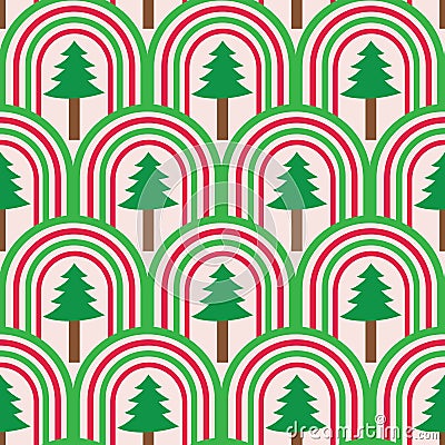 Christmas tree on red and green rainbows seamless pattern Vector Illustration