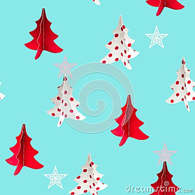 Christmas tree red,maroon,white with red dot and star seamless pattern on blue color background.Artwork minimal illustration paste Cartoon Illustration