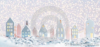 Christmas winter decoration, small houses with light inside. Cartoon Illustration