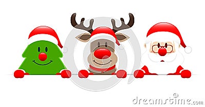 Christmas Tree Reindeer And Santa Holding Horizontal Banner Vector Illustration