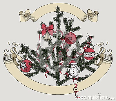 Christmas tree with ribbons and ornaments and retro ribbon banner. Vector Illustration