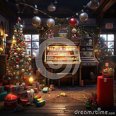 a christmas tree is in a room with a piano and lots of christmas ornaments around the room Stock Photo