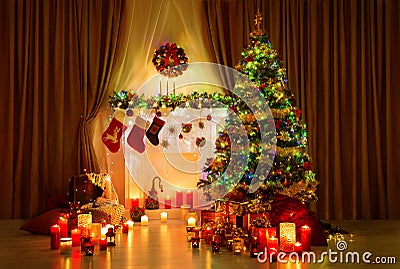 Christmas Tree Room, Xmas Home Night Interior, Fireplace Lighs Stock Photo