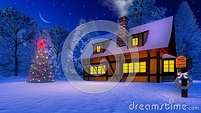 Christmas tree and rustic house at moonlight night Cartoon Illustration